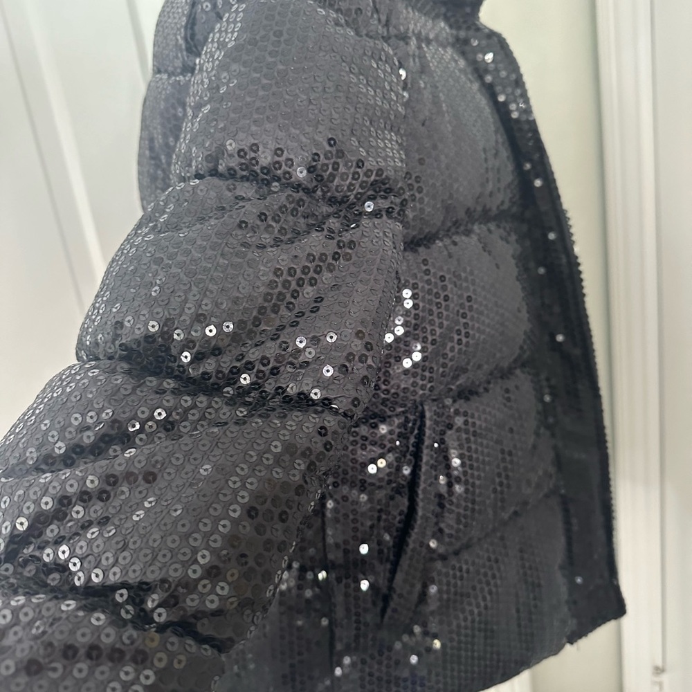 NWT Unreal Fur Black Sequin Puffer Jacket Front Zip High Collar Sz XS - Picture 13 of 16